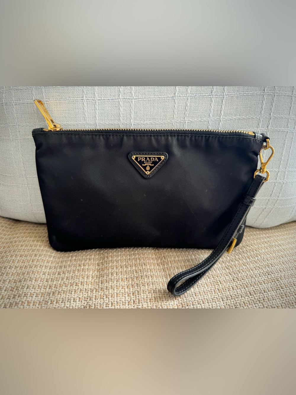Black Prada Tessuto Nylon Wristlet with Gold-Tone Hardware